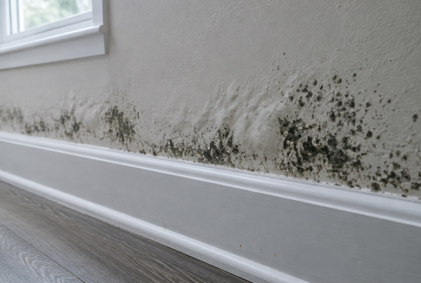 Early mold growth on drywall above a baseboard after storm water intrusion