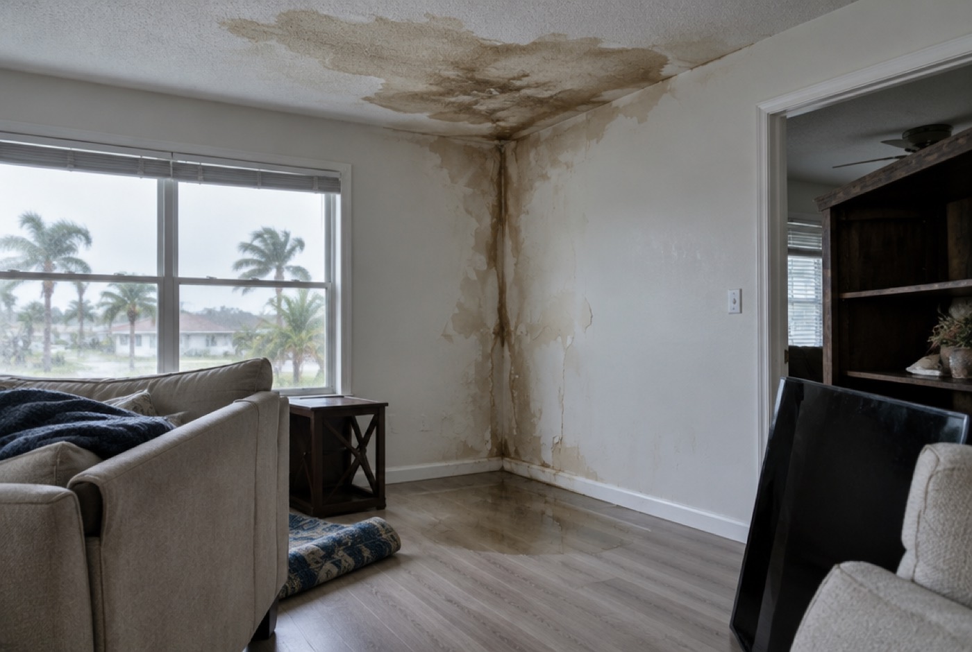 Water stain spreading across a ceiling and down the drywall after the hurricane